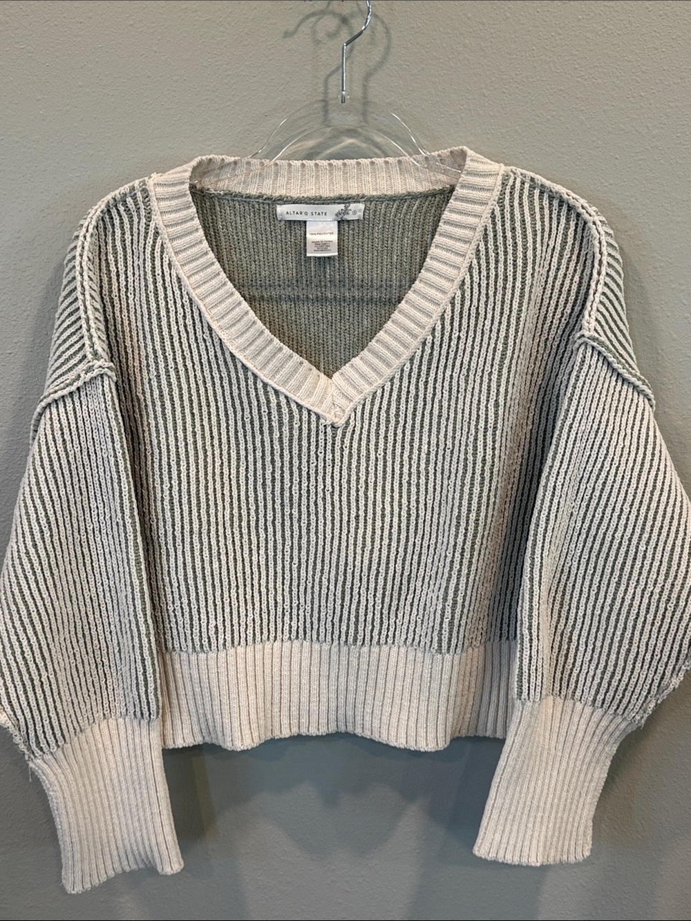 Altar'd State Two-Tone Ivory and sage Ribbed V-Neck Sweater